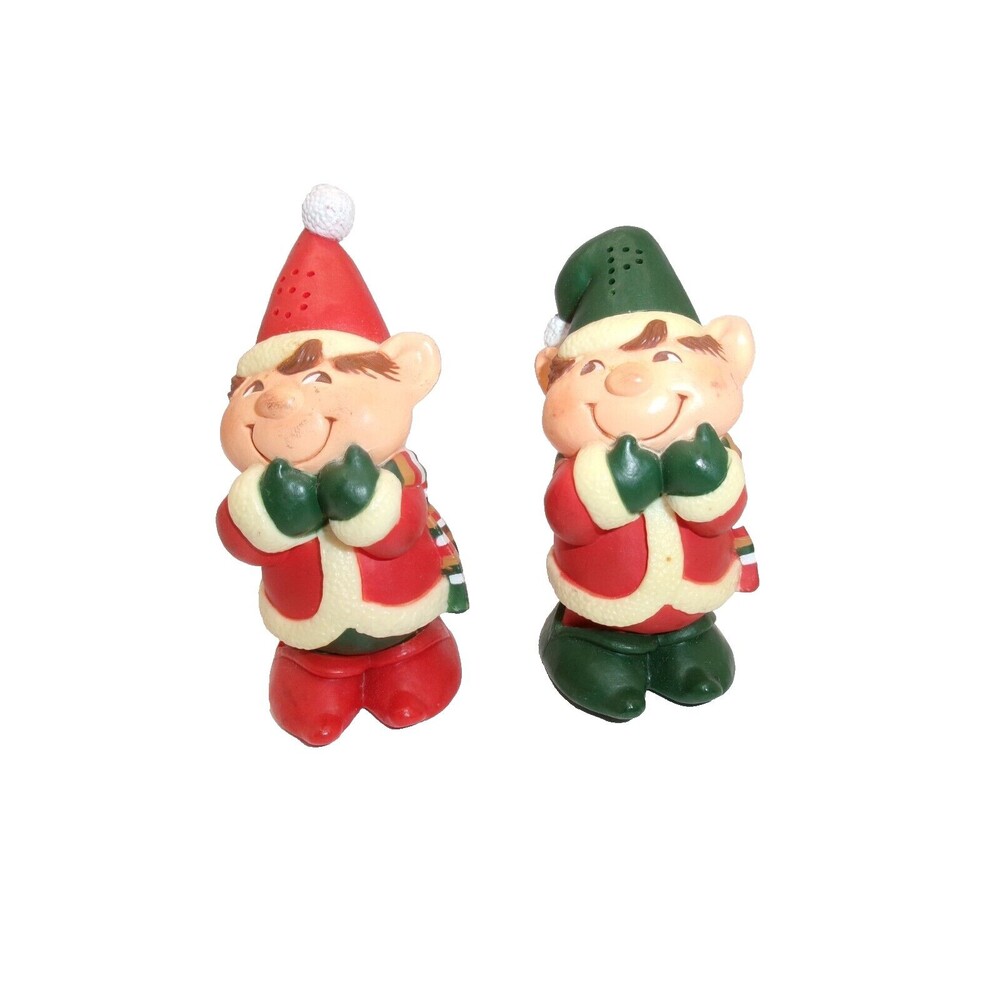 Hallmark Elf Elves Salt & Pepper Shakers Christmas Red & Green Plastic 3.5 inch